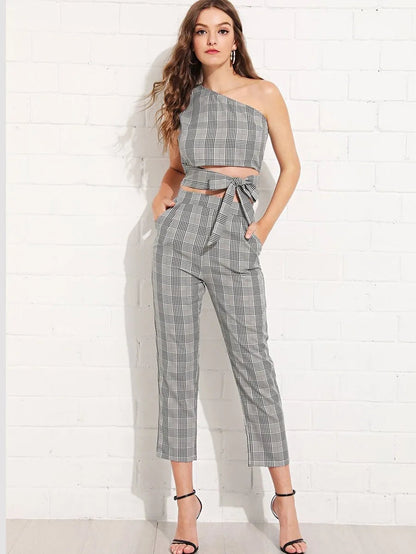 Glen plaid one shoulder knot top with pants Periwinkley Shop