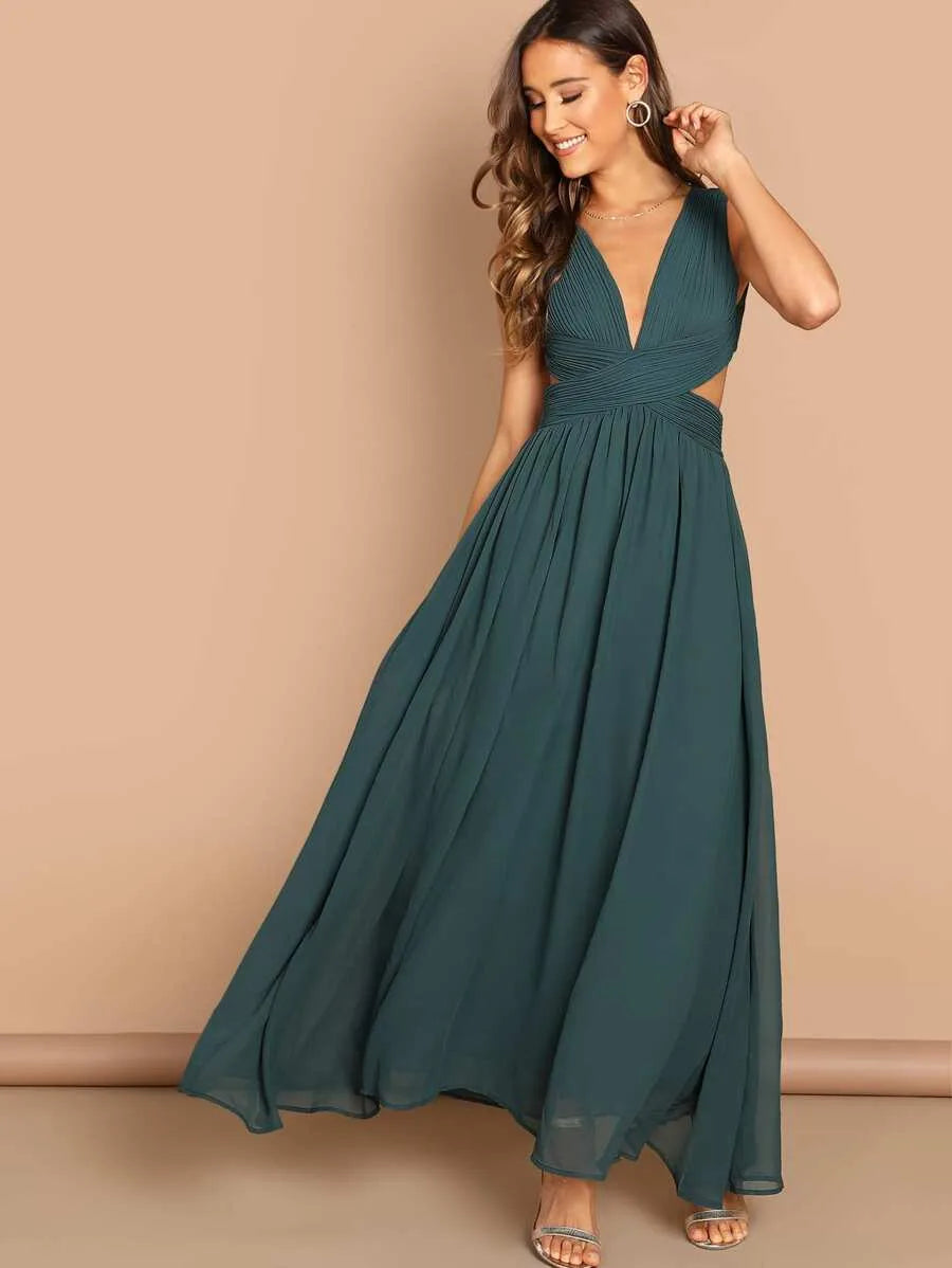 Open Back Ruched Top Flowy Prom One Piece Dress Periwinkley Shop
