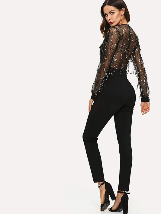 Sequin Embellished Mesh Sleeve Fitted Jumpsuit Periwinkley Shop