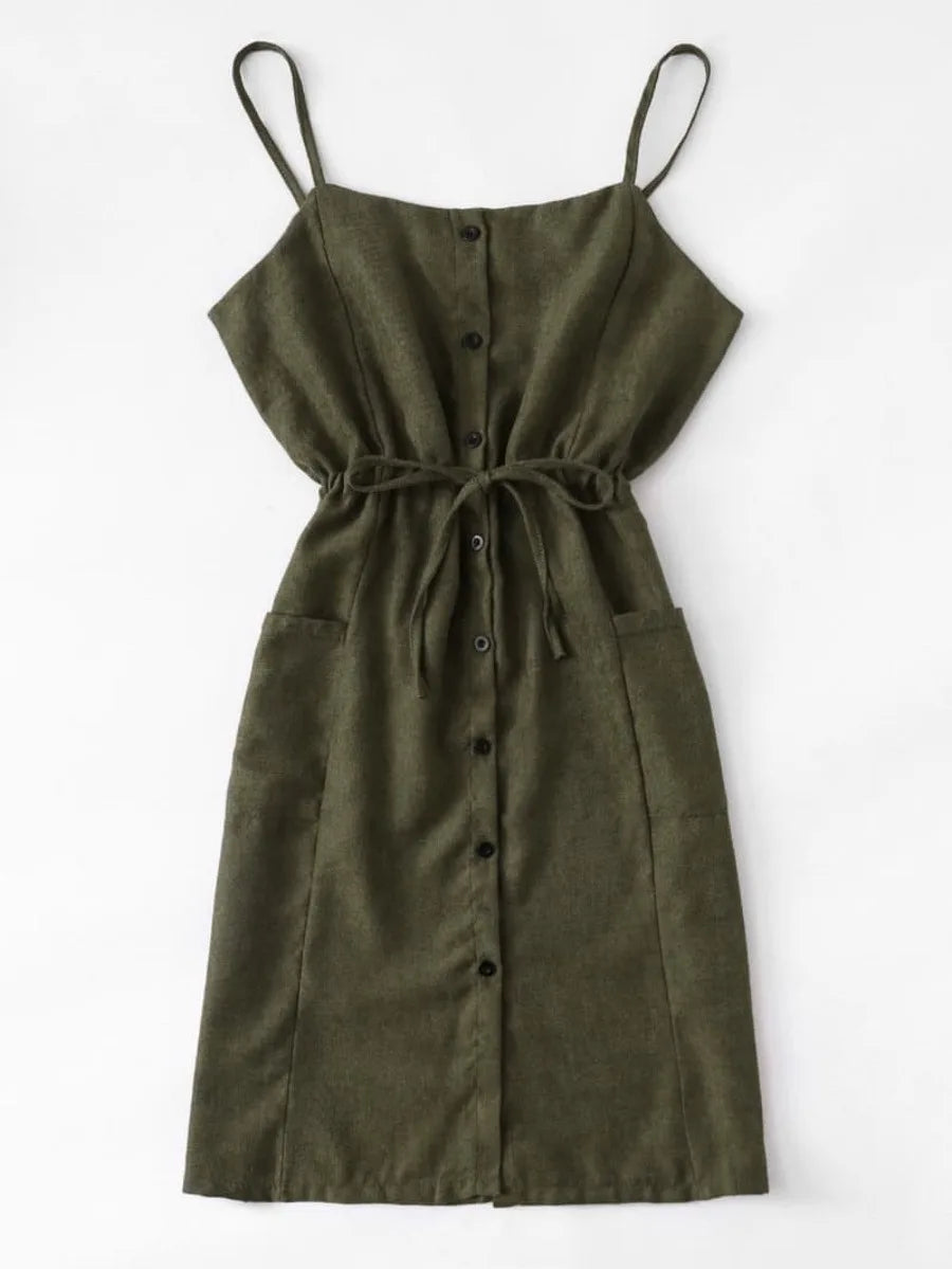 Single Breasted Drawstring Waist Pocket Side Dress Periwinkley Shop