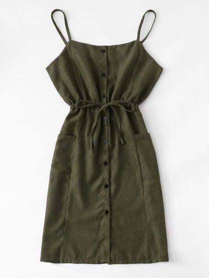 Single Breasted Drawstring Waist Pocket Side Dress Periwinkley Shop