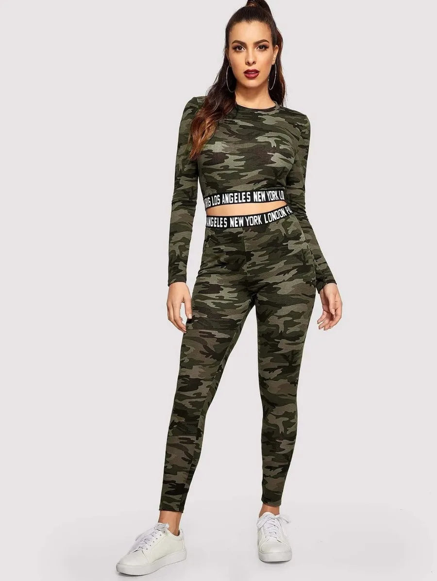 Contrast Letter Tape Camo Print Crop Tee &amp; Leggings Set Periwinkley Shop