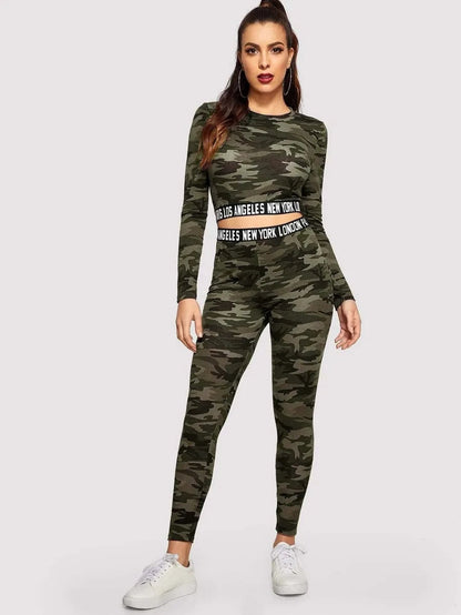 Contrast Letter Tape Camo Print Crop Tee &amp; Leggings Set Periwinkley Shop