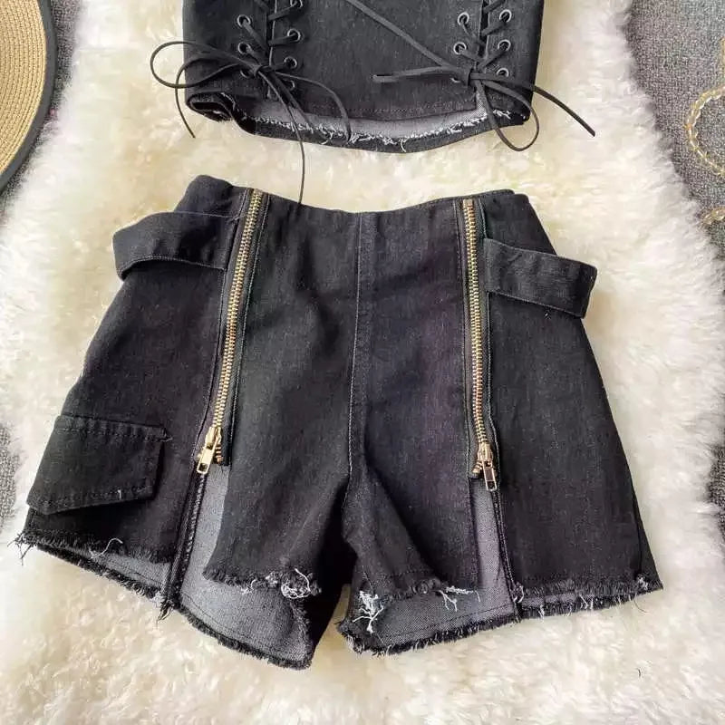 Two Piece Set Denim  Short Strapless Bra Top Retro Denim Shorts Periwinkley Shop