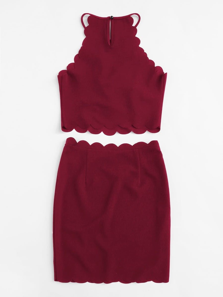 Pearl Beading Scalloped Halter Top & Skirt Set Periwinkley Shop