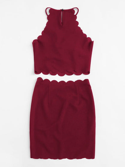 Pearl Beading Scalloped Halter Top & Skirt Set Periwinkley Shop