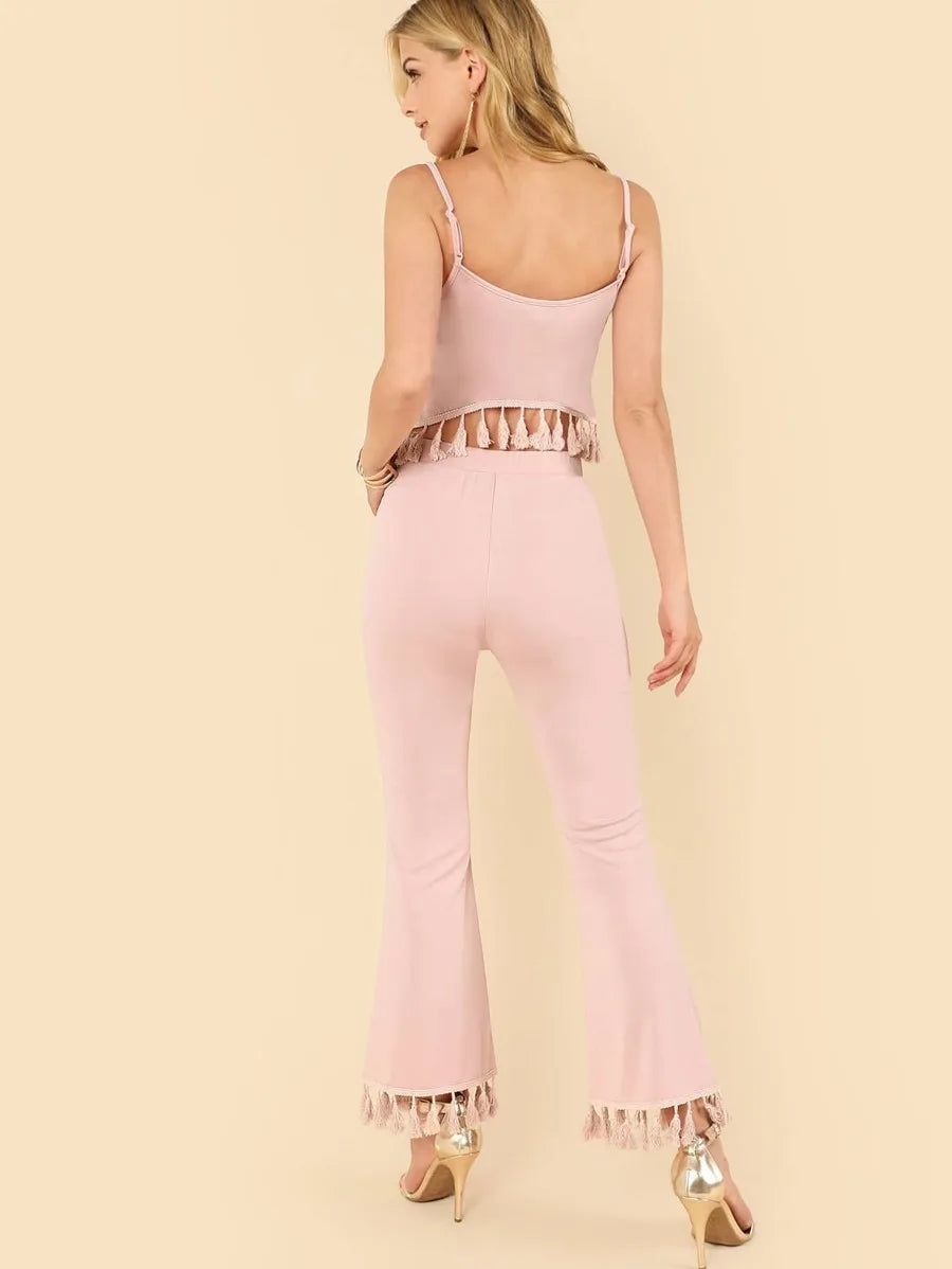 Tassel Detail Crop Cami Top & Pants Set Periwinkley Shop