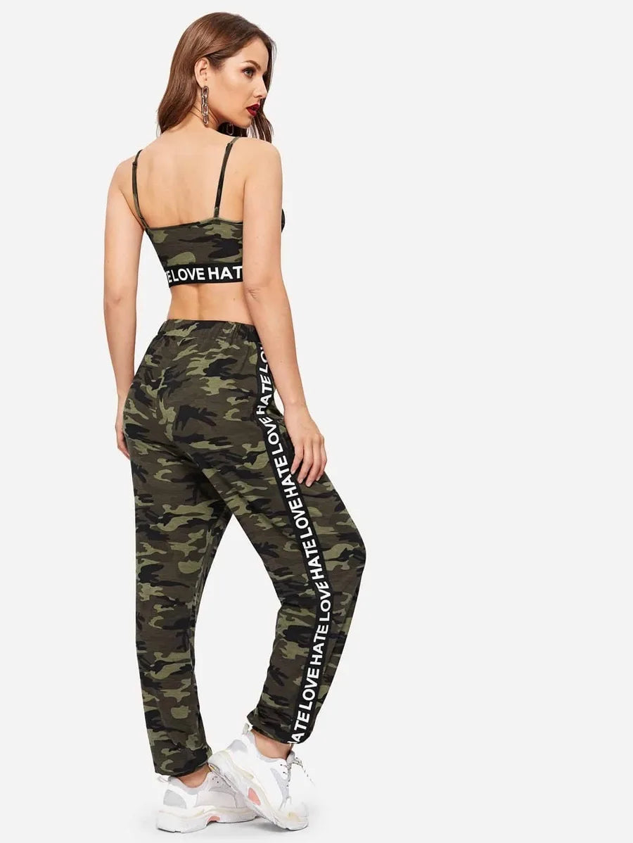 Lettered trim camo sports  bra and sweatpants set Periwinkley Shop