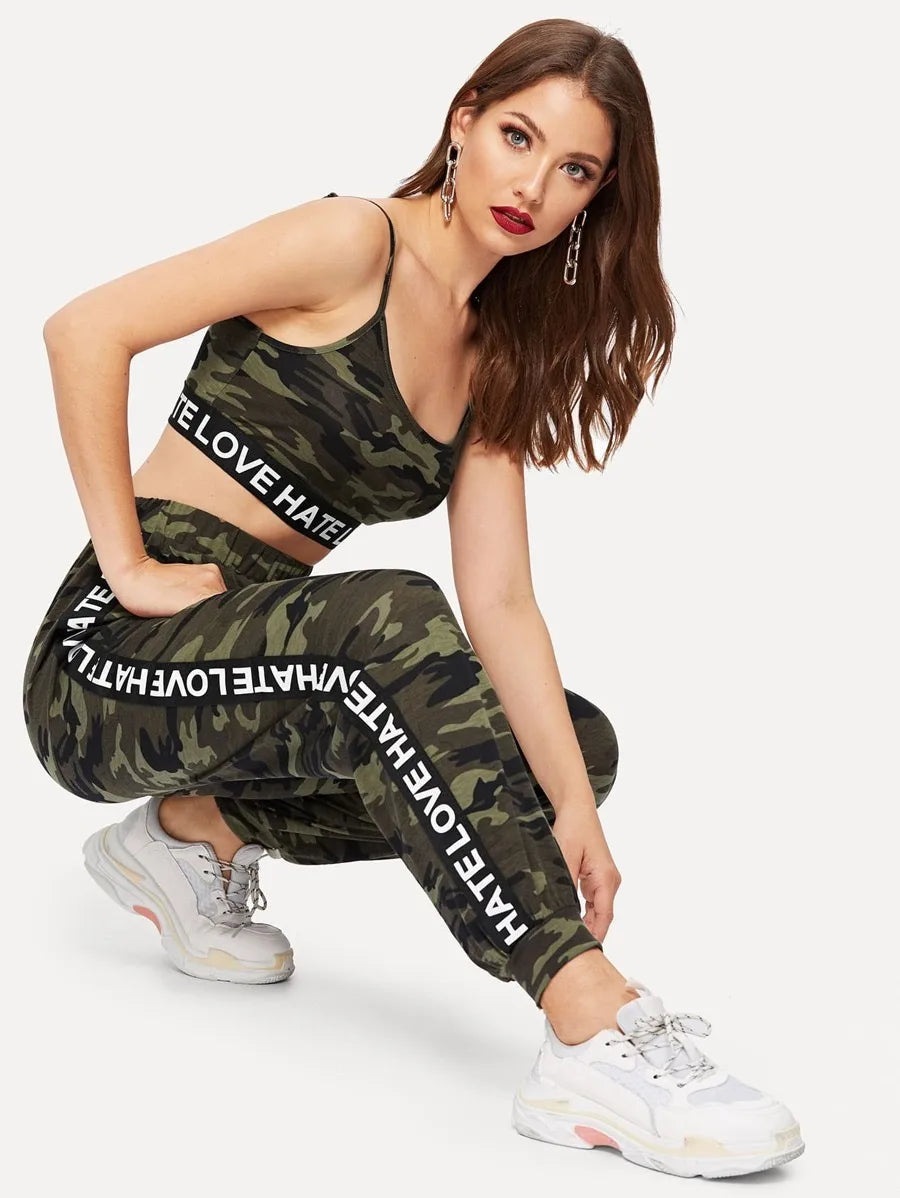 Lettered trim camo sports  bra and sweatpants set Periwinkley Shop