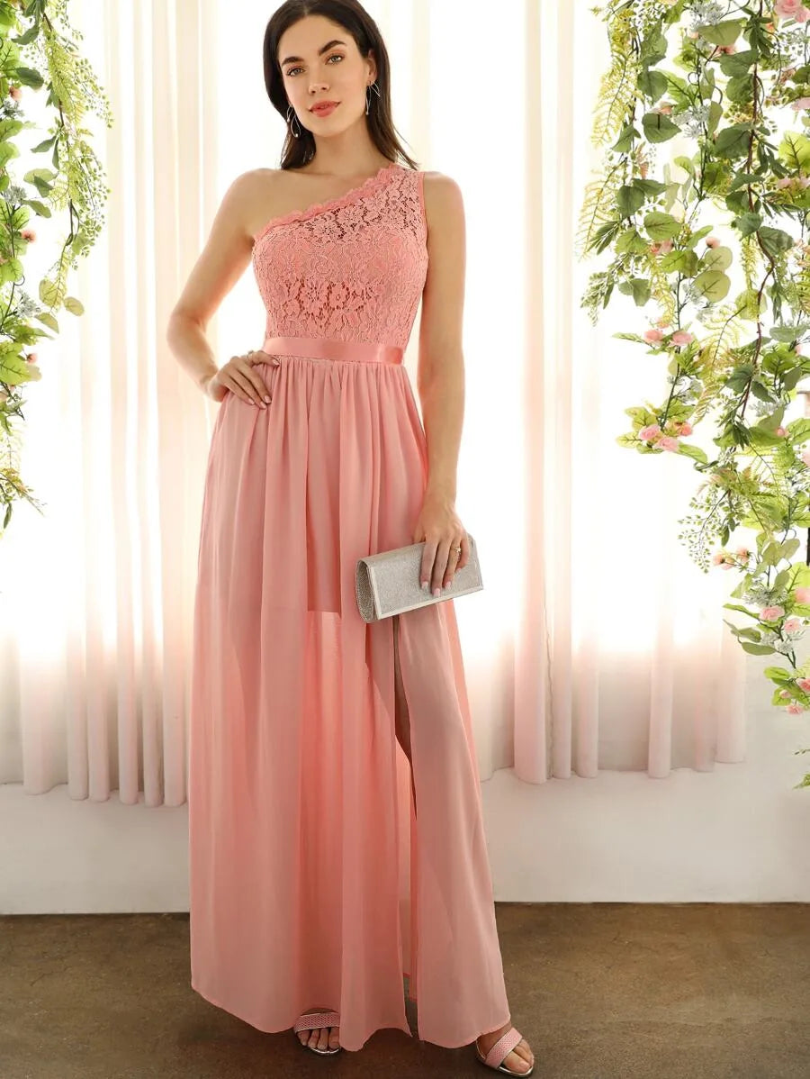 One Shoulder Lace Top Split Prom One Piece Dress Periwinkley Shop