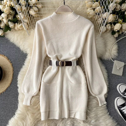 Guilantu Knitting Spring Autumn Turtleneck Puff Sleeve dress - White Periwinkley Shop