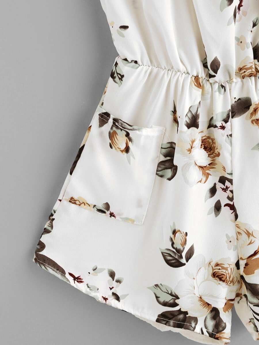 Floral Print Random Self Tie Neck Cami Romper Periwinkley Shop