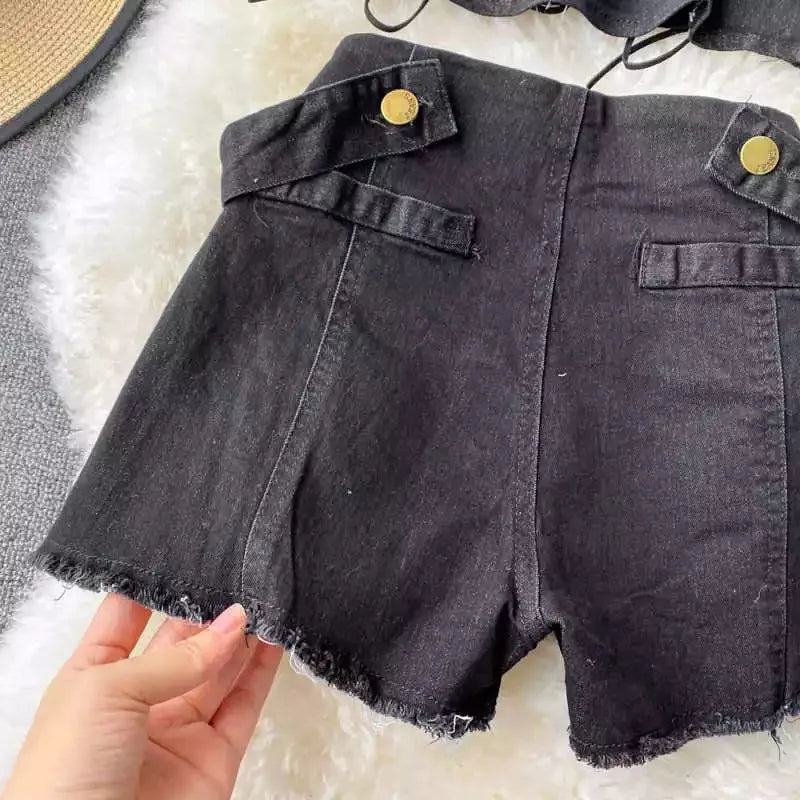 Two Piece Set Denim  Short Strapless Bra Top Retro Denim Shorts Periwinkley Shop