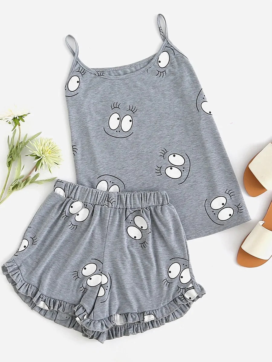 Cartoon Print Frill Trim Cami Pajama Set Periwinkley Shop
