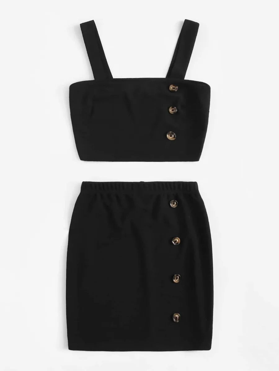 Buttoned Detail Thick Strap Top & Skirt Set Periwinkley Shop