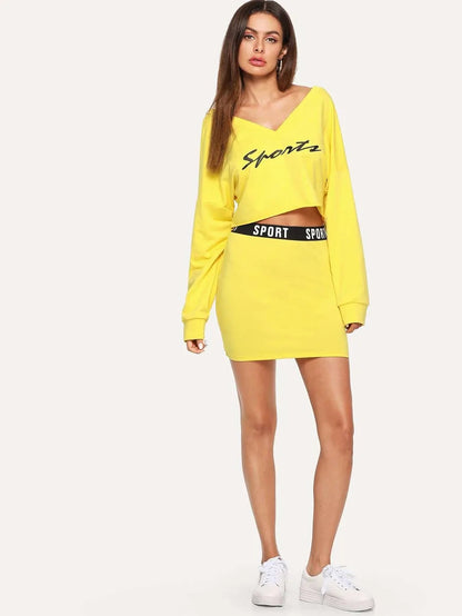 Letter Graphic V Neck Top & Skinny Skirt Set Periwinkley Shop