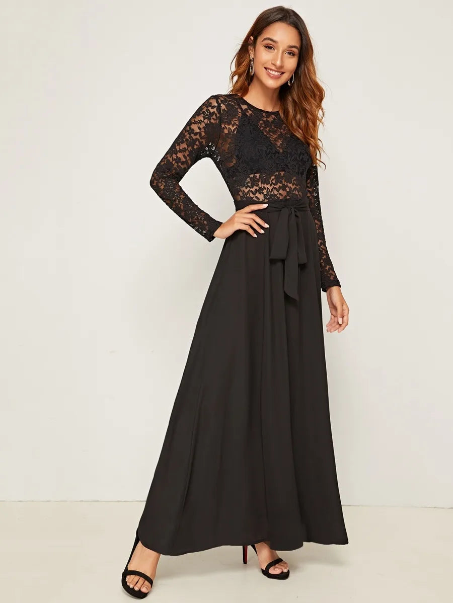 Sheer Lace Bodice Self Belted Flared One Piece Dress Periwinkley Shop