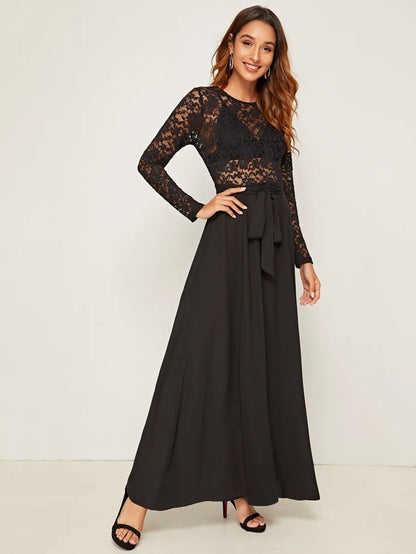 Sheer Lace Bodice Self Belted Flared One Piece Dress Periwinkley Shop