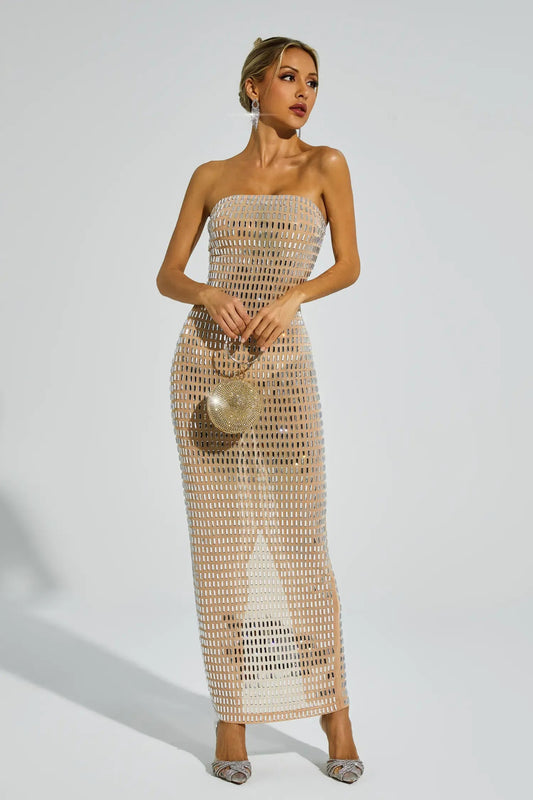 Boris Diamond Off Shoulder Dress - Beige Periwinkley Shop