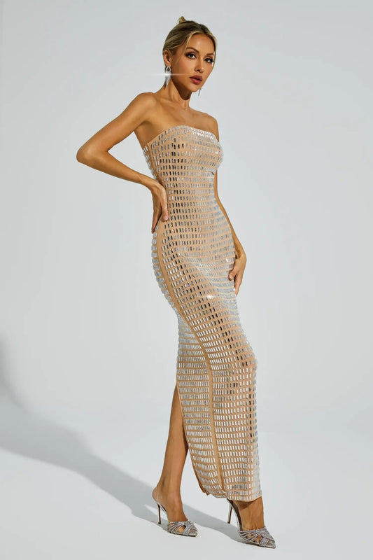 Boris Diamond Off Shoulder Dress - Beige Periwinkley Shop