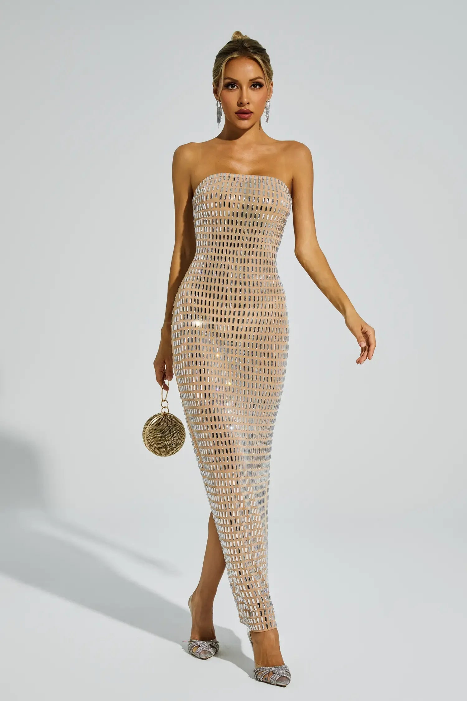 Boris Diamond Off Shoulder Dress - Beige Periwinkley Shop