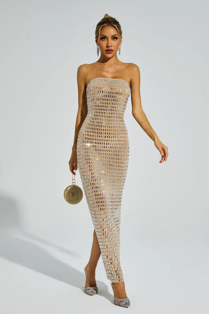 Boris Diamond Off Shoulder Dress - Beige Periwinkley Shop