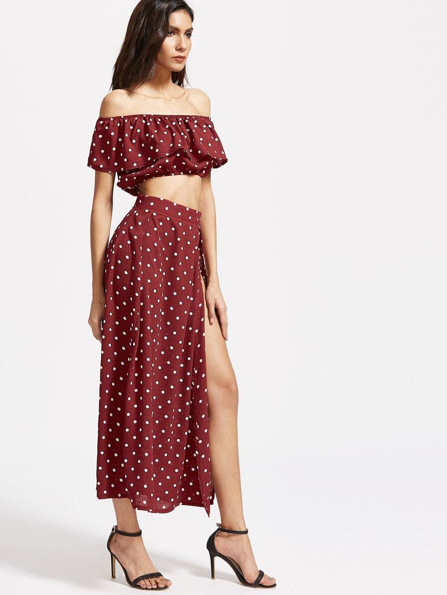 Textured Dot Ruffle Crop Top With split skirt Periwinkley Shop
