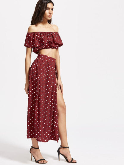 Textured Dot Ruffle Crop Top With split skirt Periwinkley Shop