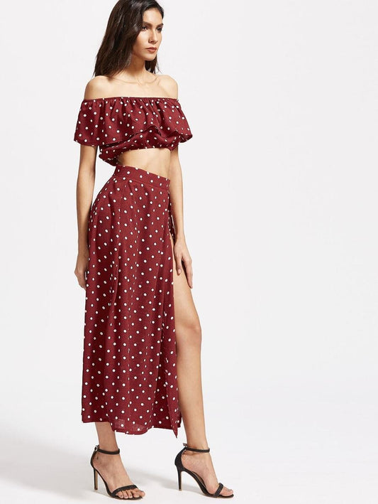 Textured Dot Ruffle Crop Top With split skirt Periwinkley Shop