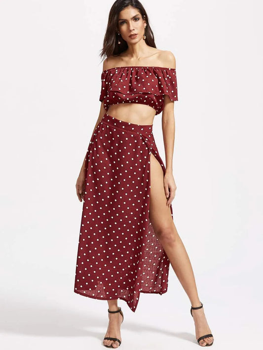 Textured Dot Ruffle Crop Top With split skirt Periwinkley Shop