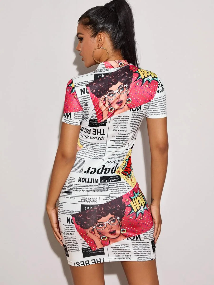 Newspaper & Pop Art Print Mock-neck Bodycon Dress Periwinkley Shop