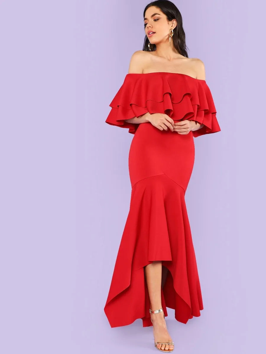 Tiered Flounce Fishtail Off Shoulder Prom Dress Periwinkley Shop