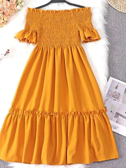 Pullover Off Shoulder Elastic Slim High Waist Ruffles Dress Periwinkley Shop