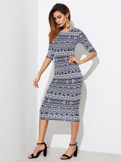 Tribal Print Form Fitting Dress Periwinkley Shop