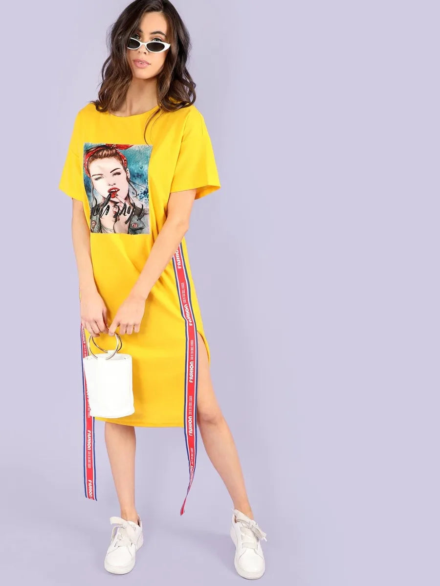 Figure Graphic Contrast Tape Side Slit Dress Periwinkley Shop
