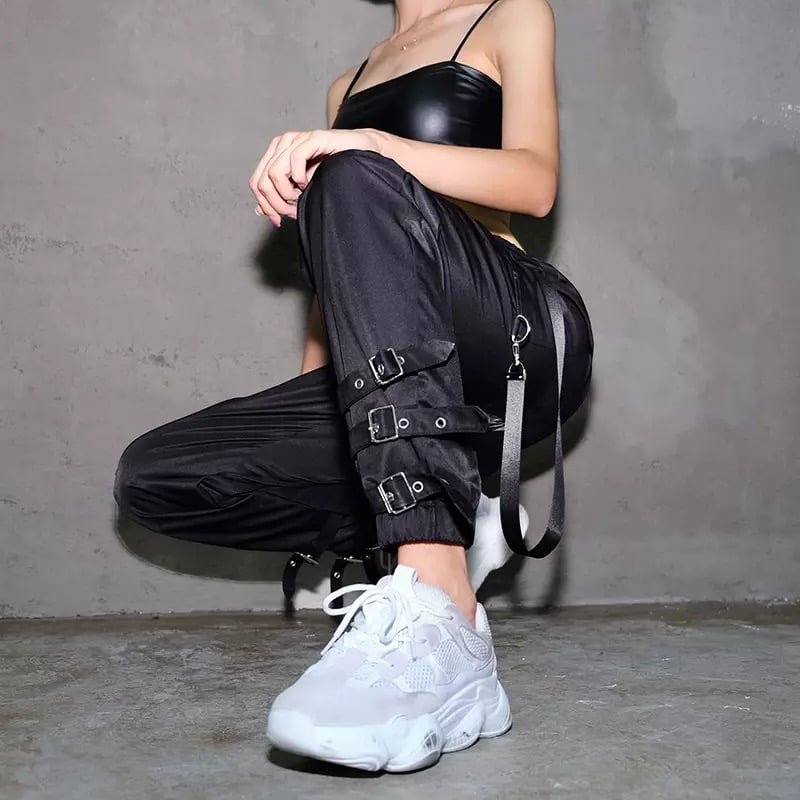 Side Ribbon Cargo Pants Buckle Leg Casual Sweatpants Periwinkley Shop