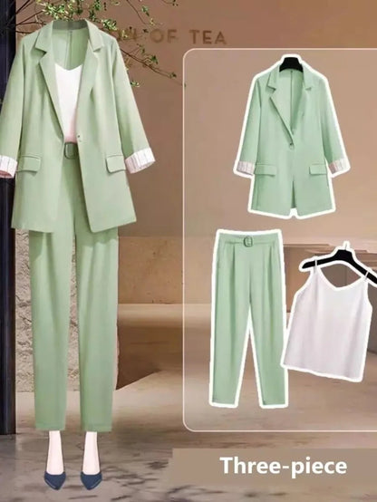 Three-piece Korean Elegant Top Blazers Coat Trousers Set Periwinkley Shop