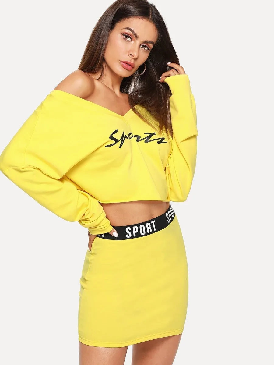 Letter Graphic V Neck Top & Skinny Skirt Set Periwinkley Shop