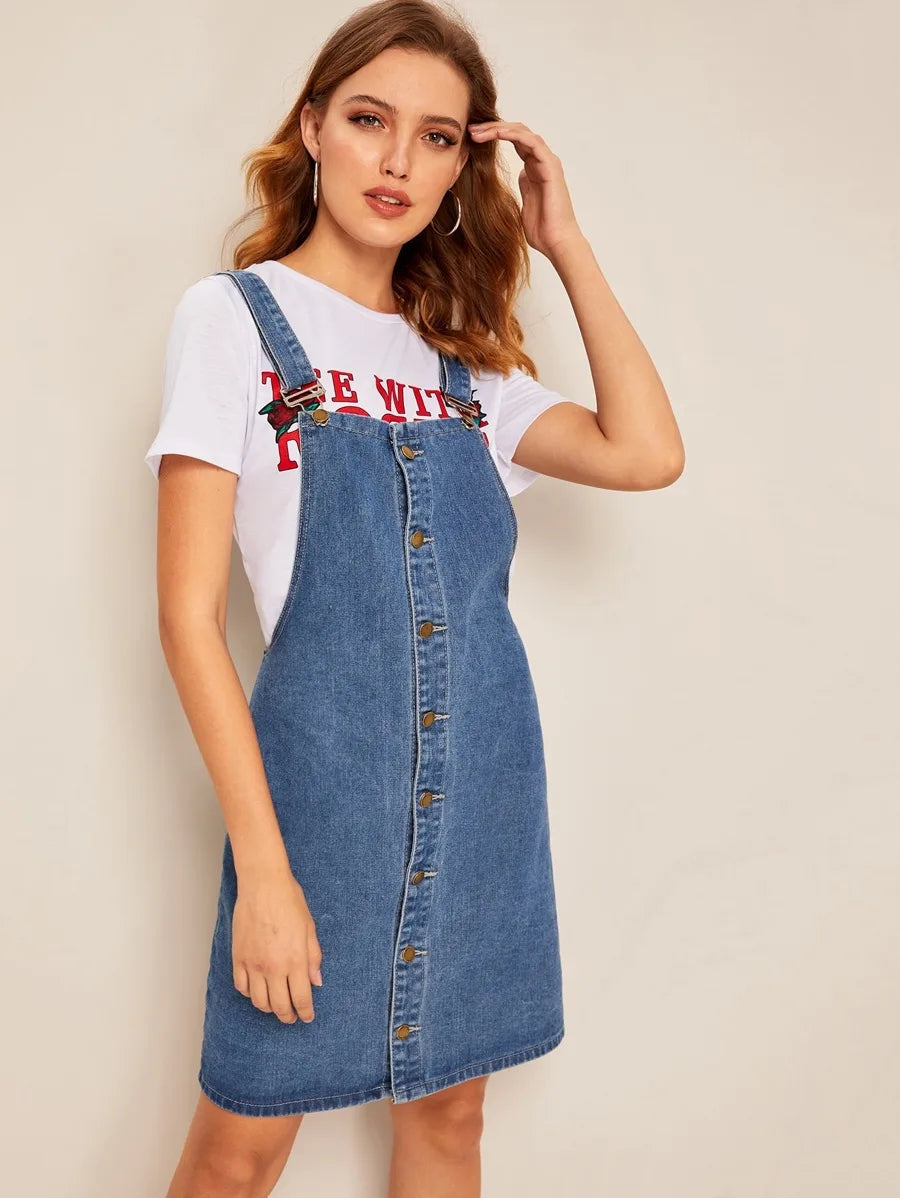 Button Up Thick Strap Y-Back Denim Dress Periwinkley Shop