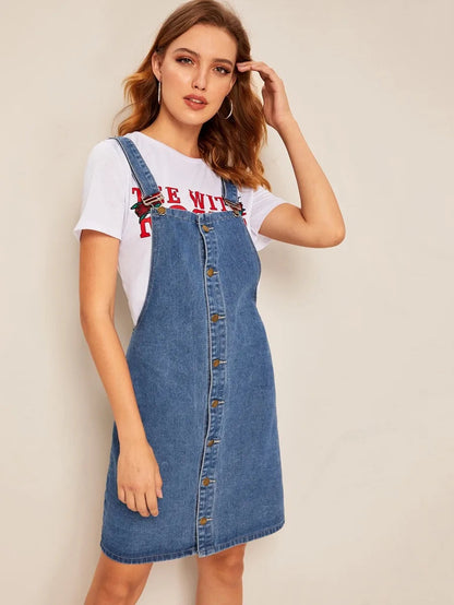 Button Up Thick Strap Y-Back Denim Dress Periwinkley Shop