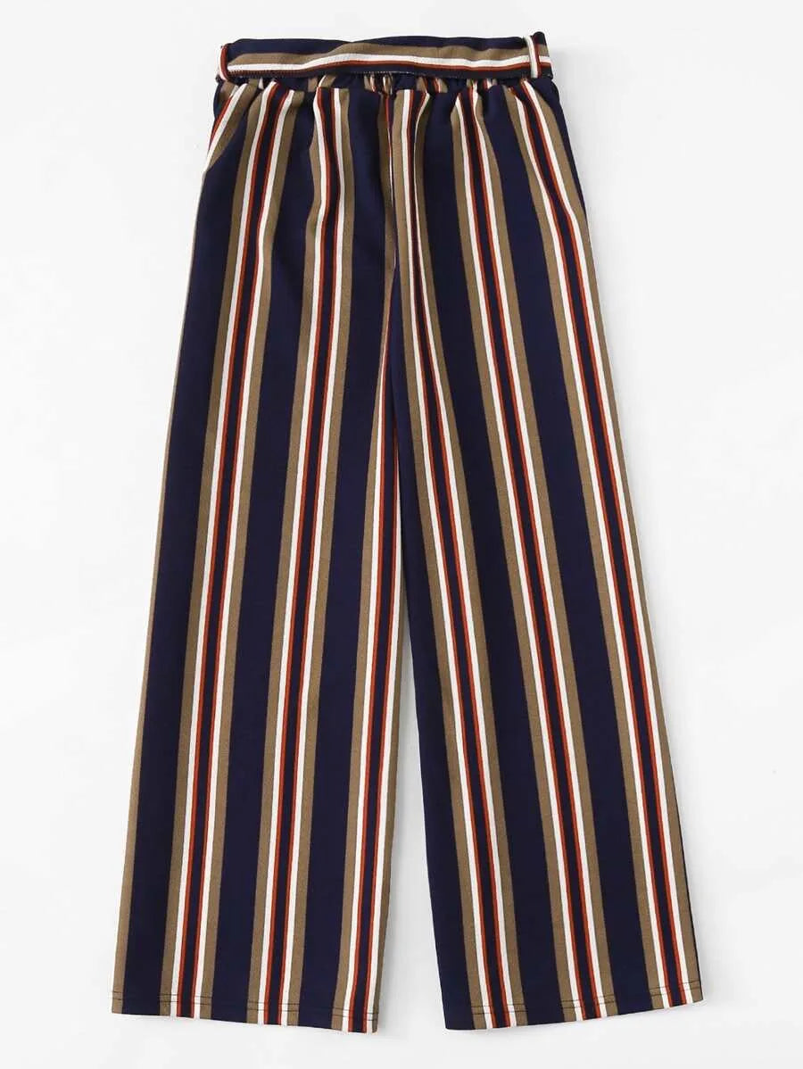 Block Striped Tie Detail Wide Leg Pants Periwinkley Shop