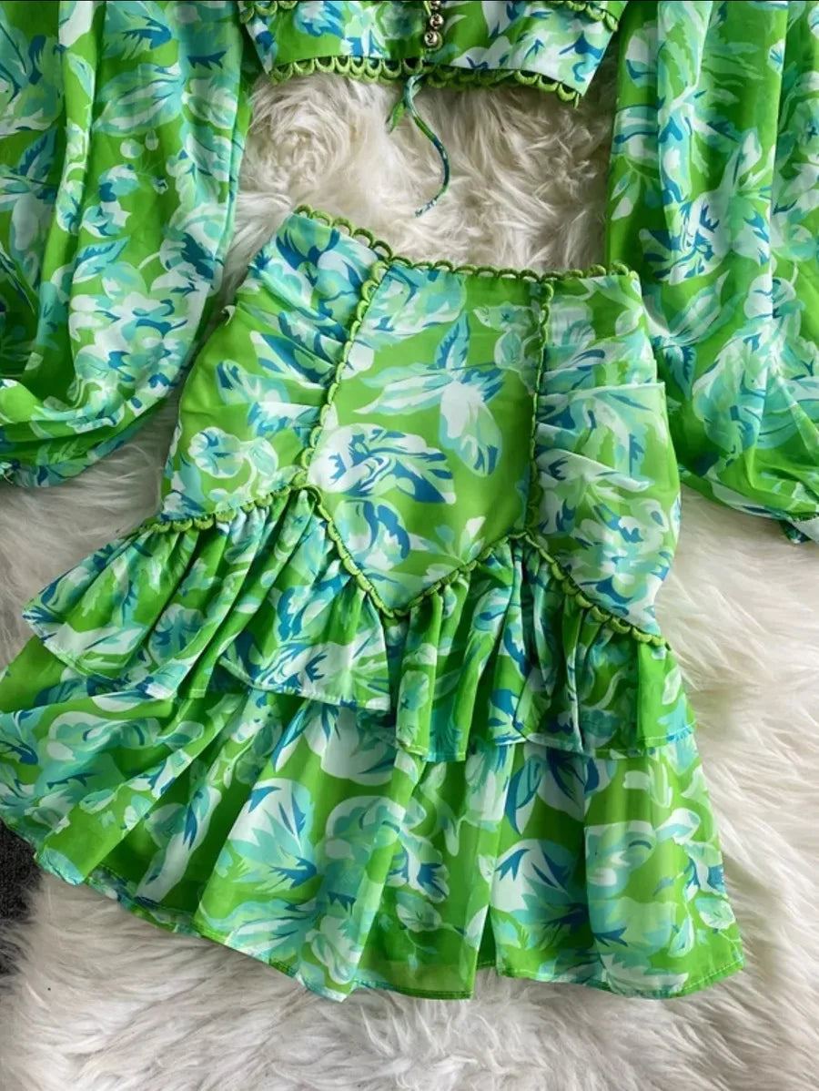 Floral print two piece set chiffon dress Periwinkley Shop