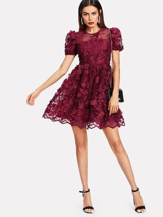 Floral Applique Puff Sleeve Mesh Overlay Dress Periwinkley Shop