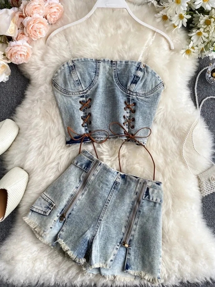 Two Piece Set Denim Short Top  and Shorts  set Periwinkley Shop
