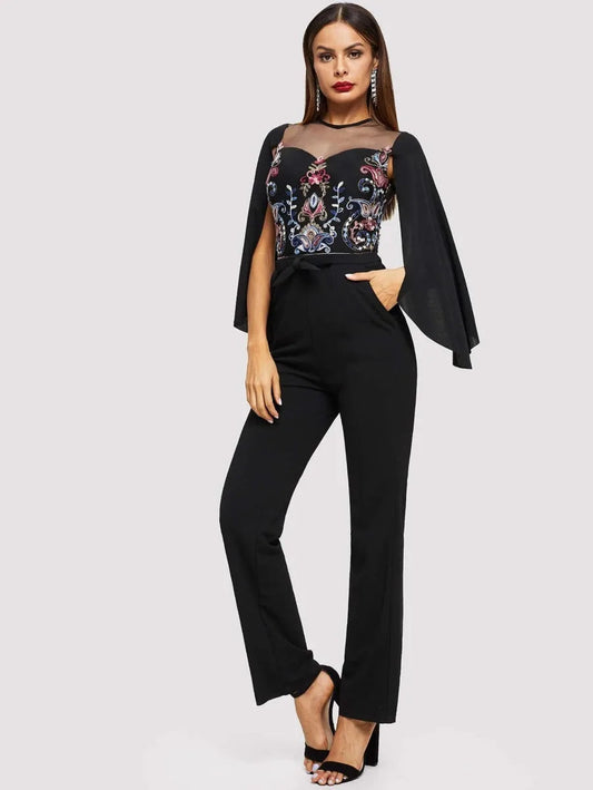 Cape Sleeve Mesh Insert Embroidered Jumpsuit Periwinkley Shop