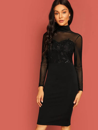 Floral Applique Mesh Sweetheart Bodice Pencil Dress Periwinkley Shop