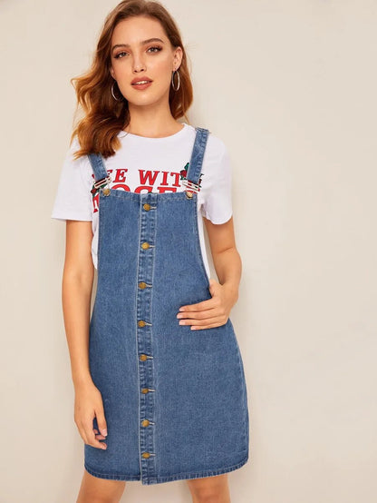 Button Up Thick Strap Y-Back Denim Dress Periwinkley Shop