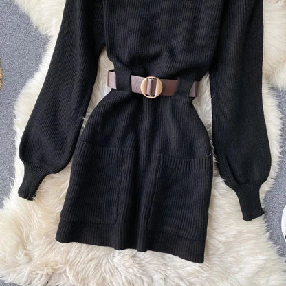 Guilantu Knitting Spring Autumn Turtleneck Puff Sleeve dress - Black Periwinkley Shop