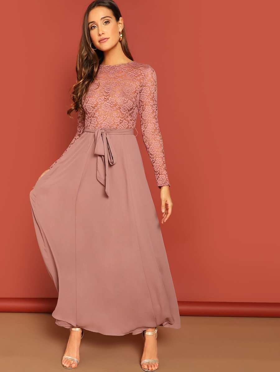 Sheer Lace Insert Belted Skater Dress Periwinkley Shop