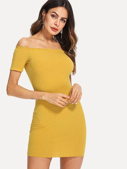 Lettuce Edge Detail Ribbed Bardot Dress Periwinkley Shop